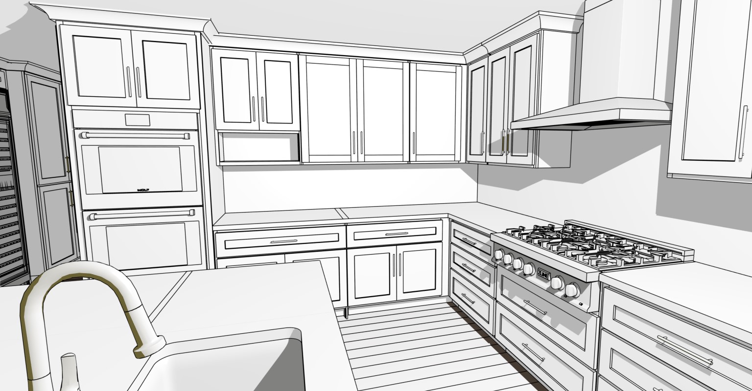 Technical illustration of a kitchen.