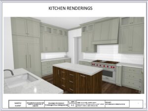 Kitchen rendering with painted perimeter cabinetry, stained island, and panel ready appliances.