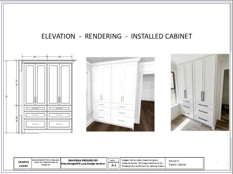 Progression of a cabinet. Elevation, rendering, reality.